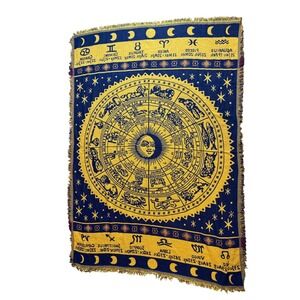 Zodiac Constellation Sun Moon Celestial Woven Throw Blanket Fringe 72" x 50"